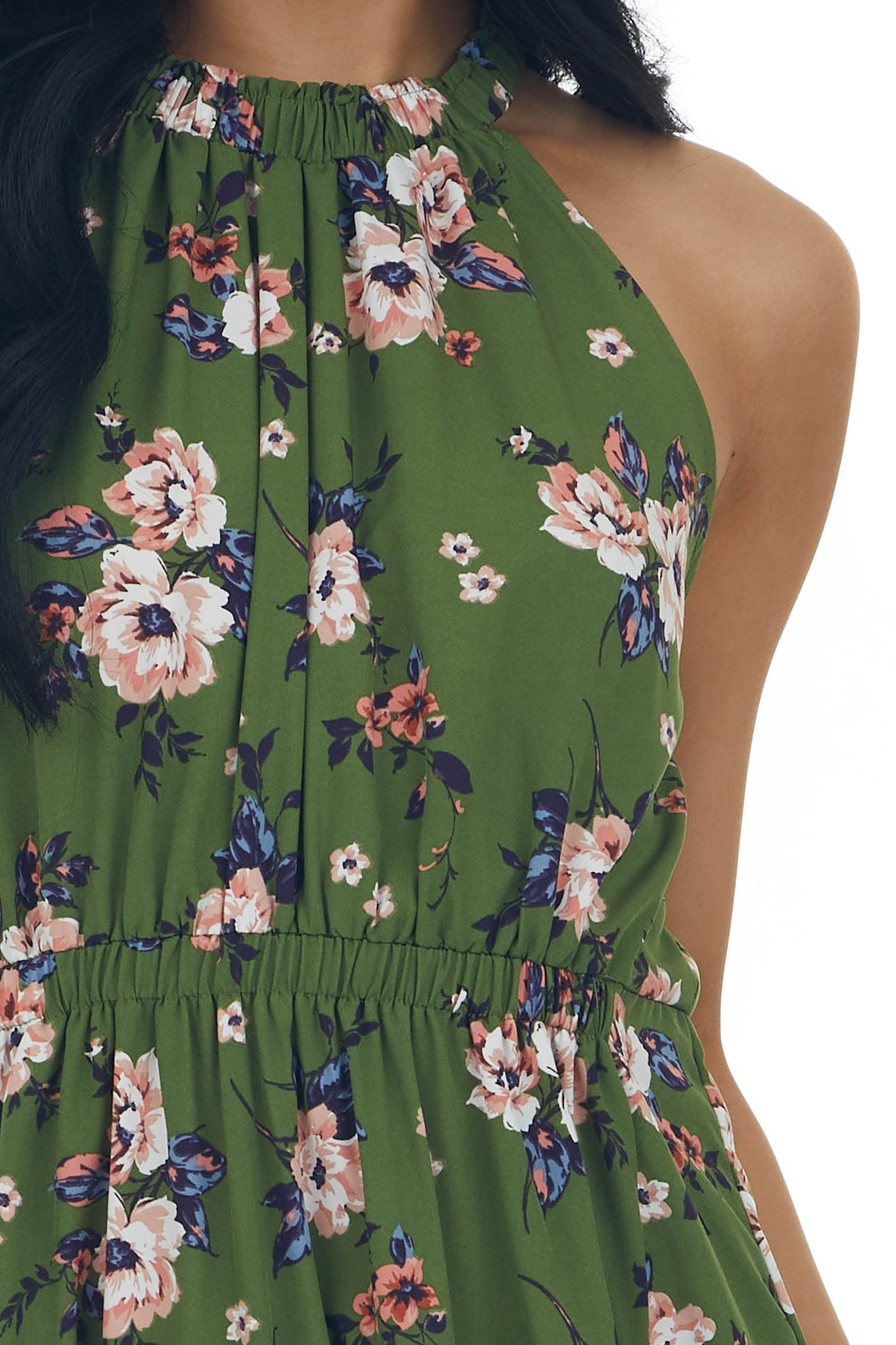 Rich Olive Floral Print Halter Neck Midi Dress
