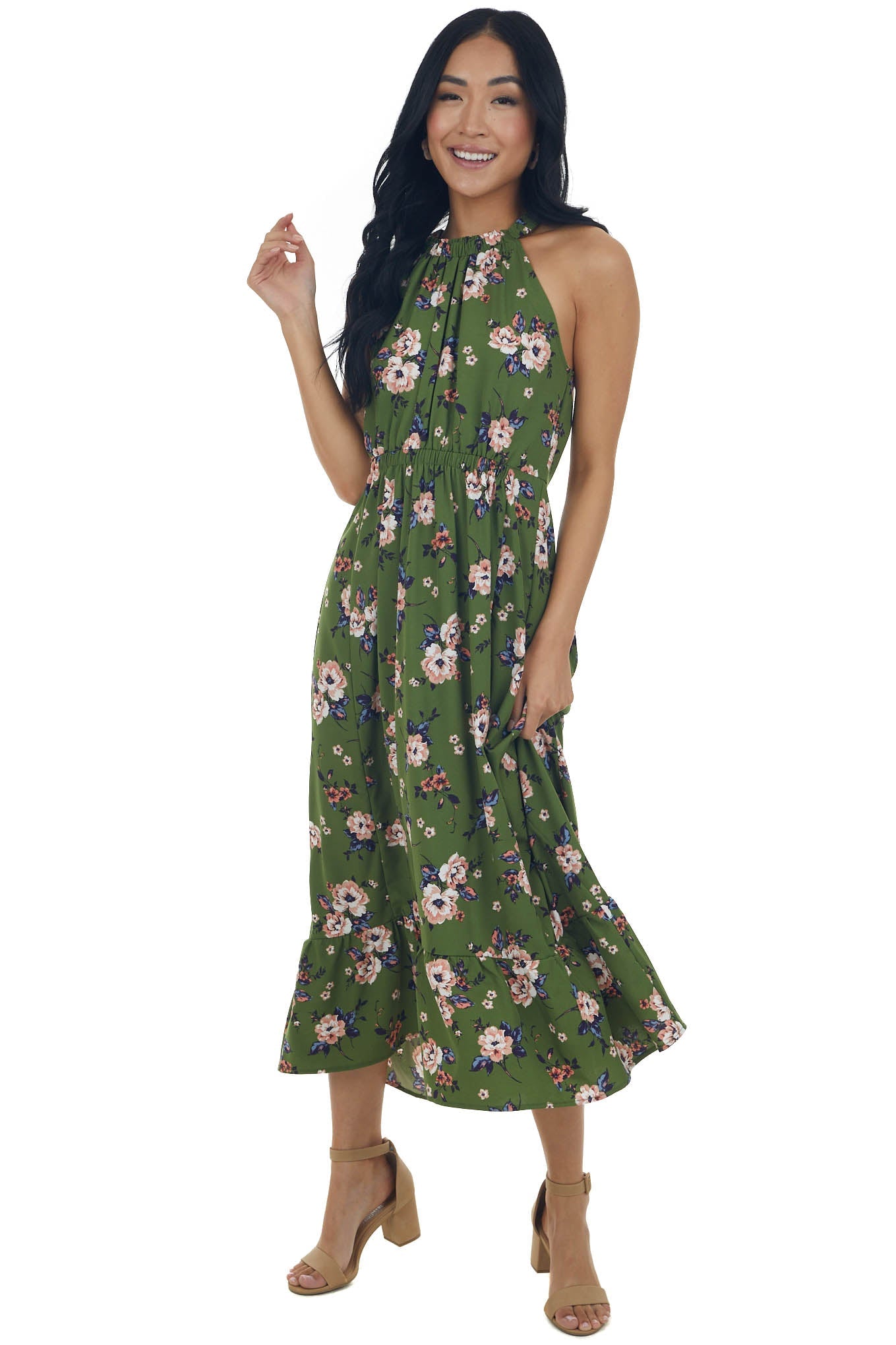 Rich Olive Floral Print Halter Neck Midi Dress