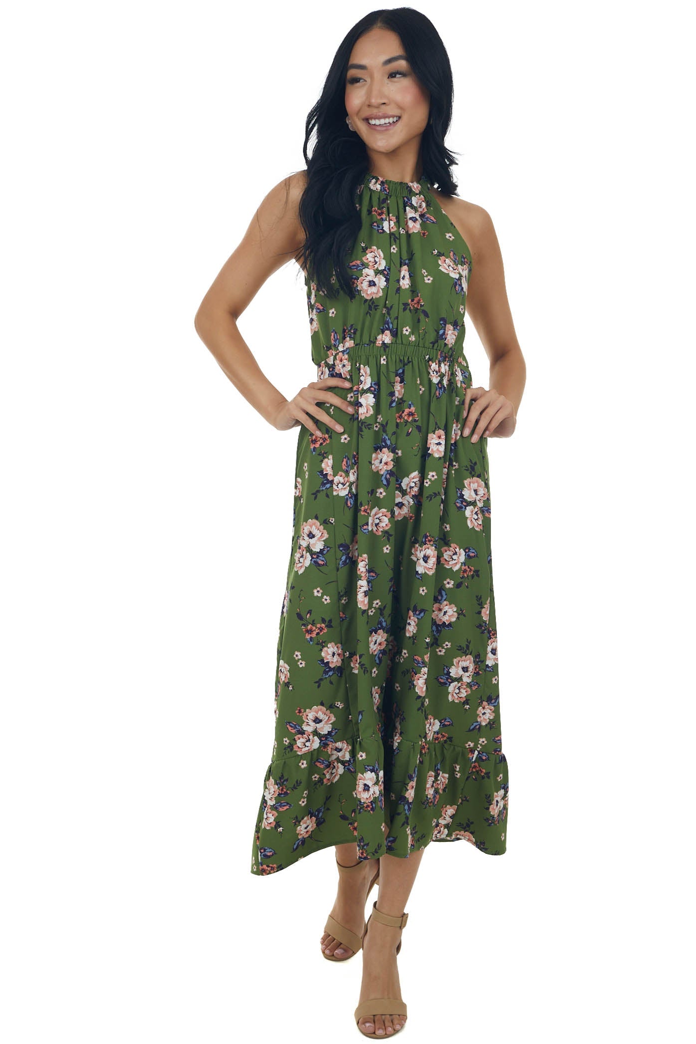 Rich Olive Floral Print Halter Neck Midi Dress