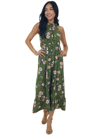 Rich Olive Floral Print Halter Neck Midi Dress