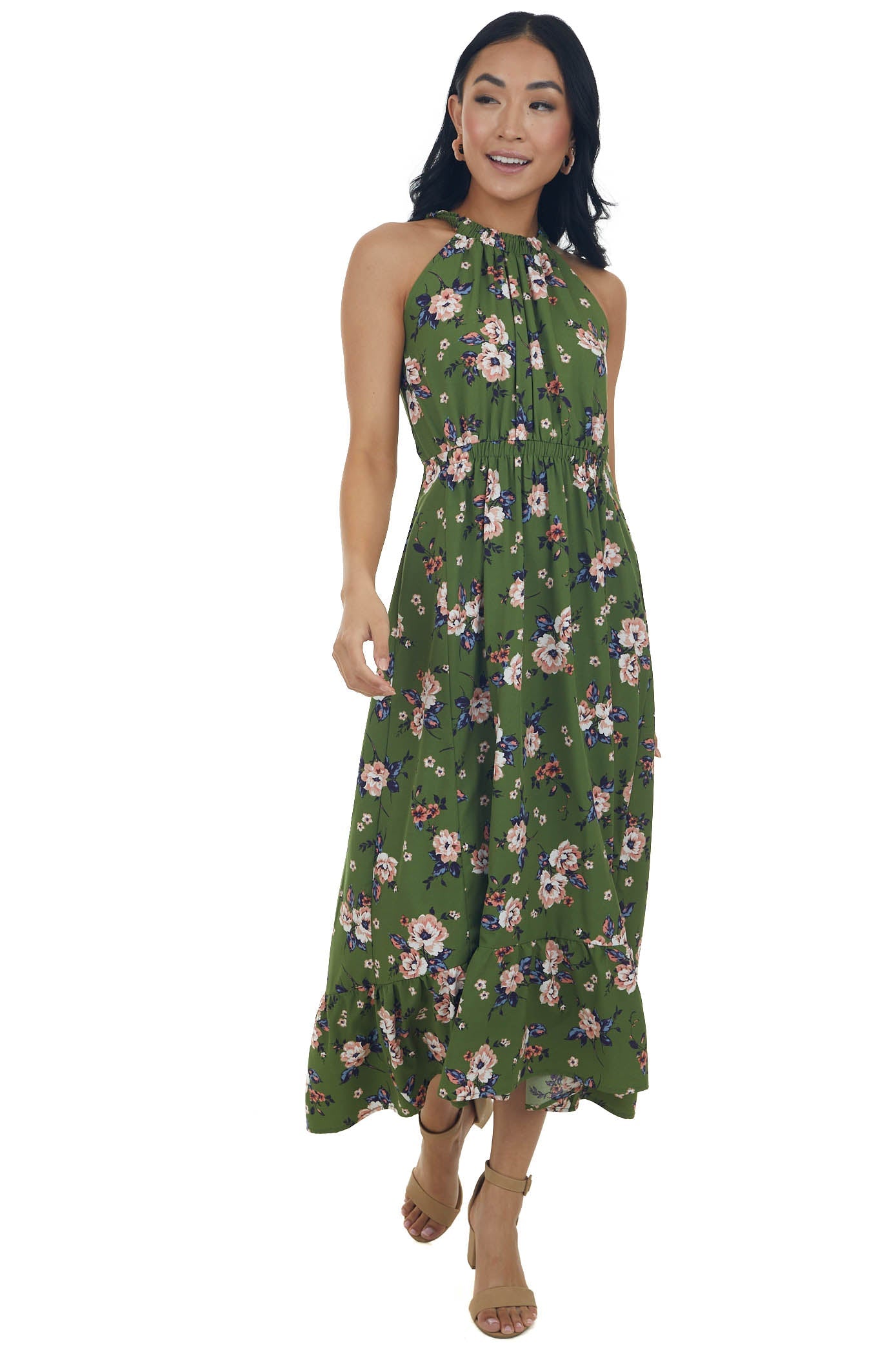 Rich Olive Floral Print Halter Neck Midi Dress