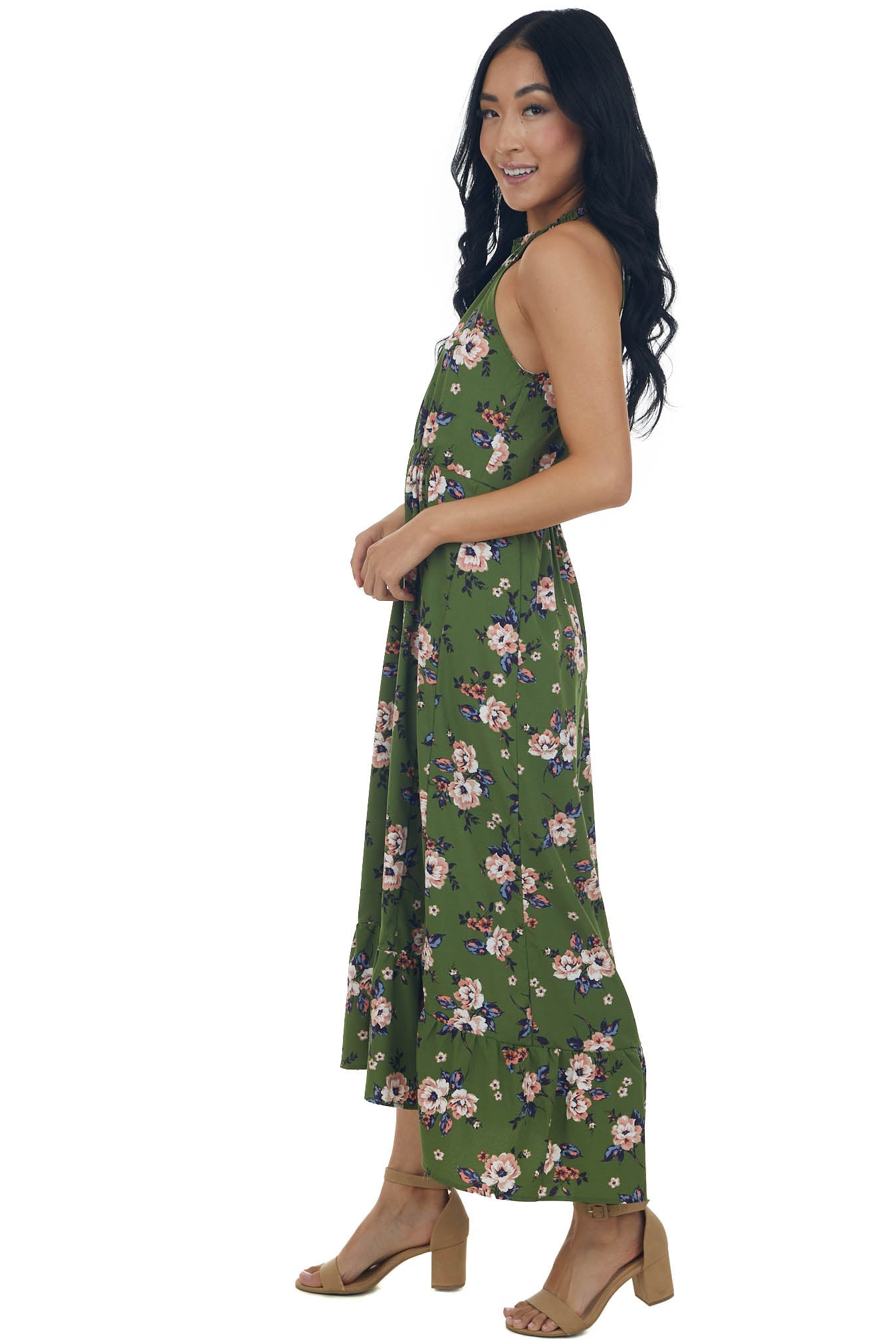 Rich Olive Floral Print Halter Neck Midi Dress
