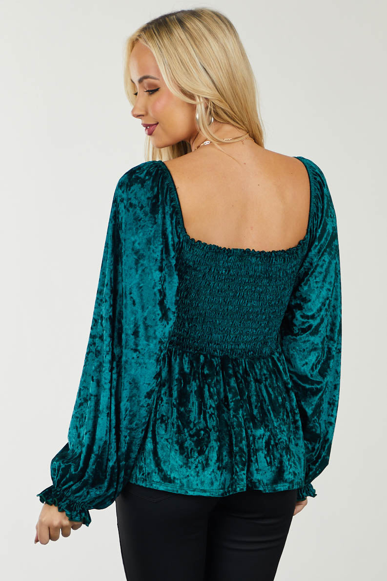 Rich Pine Smocked Bodice Long Sleeve Velvet Top