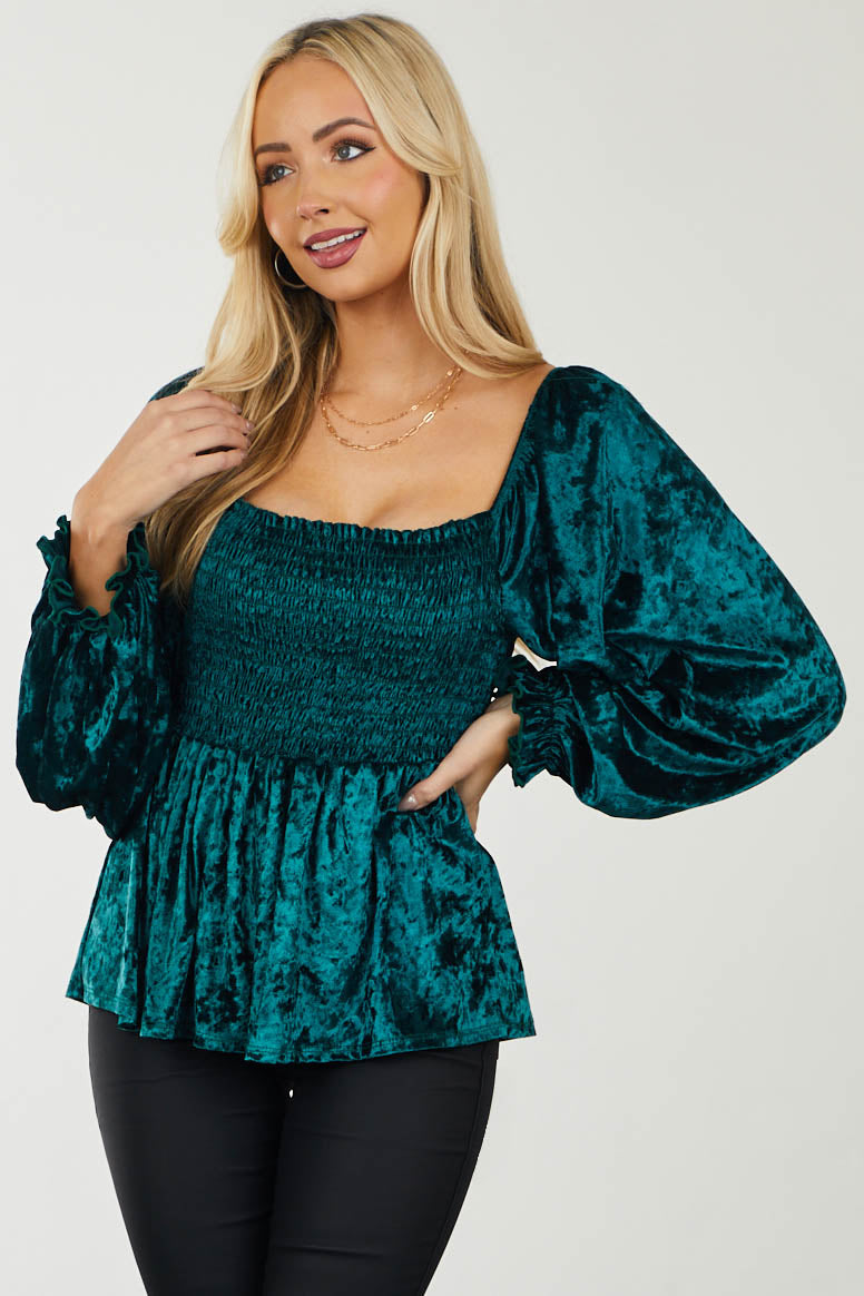 Rich Pine Smocked Bodice Long Sleeve Velvet Top