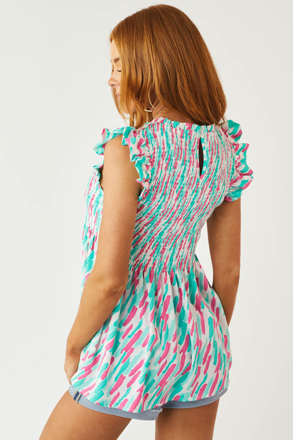 Rich Pink Abstract Print Smocked V Neck Blouse