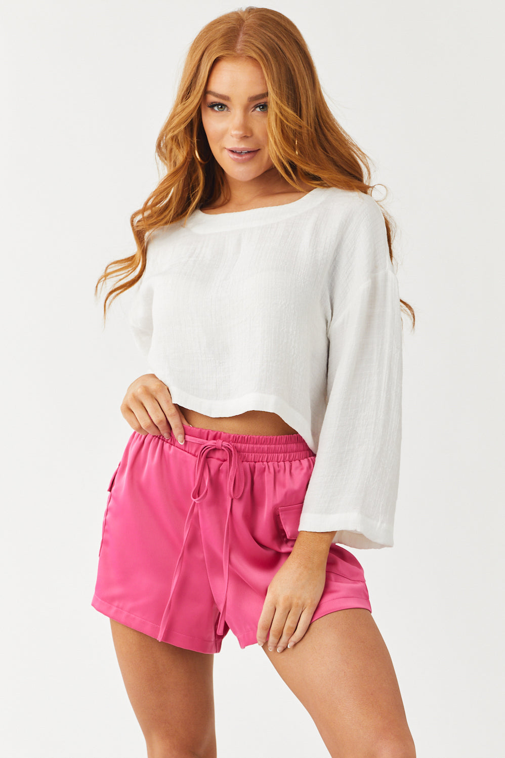 Rich Pink Elastic Waist Cargo Shorts