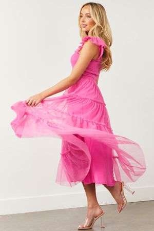 Rich Pink Smocked Tulle Midi Dress