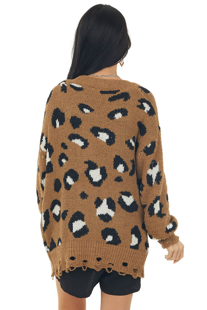 Rich Sepia Leopard Print Frayed Trim Cardigan