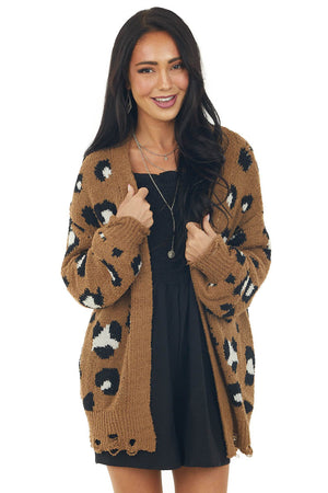 Rich Sepia Leopard Print Frayed Trim Cardigan