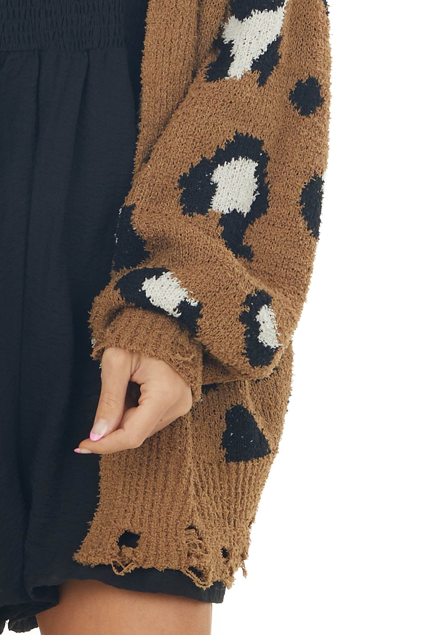 Rich Sepia Leopard Print Frayed Trim Cardigan