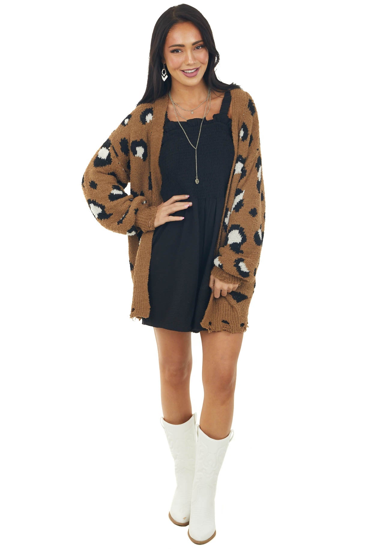 Rich Sepia Leopard Print Frayed Trim Cardigan