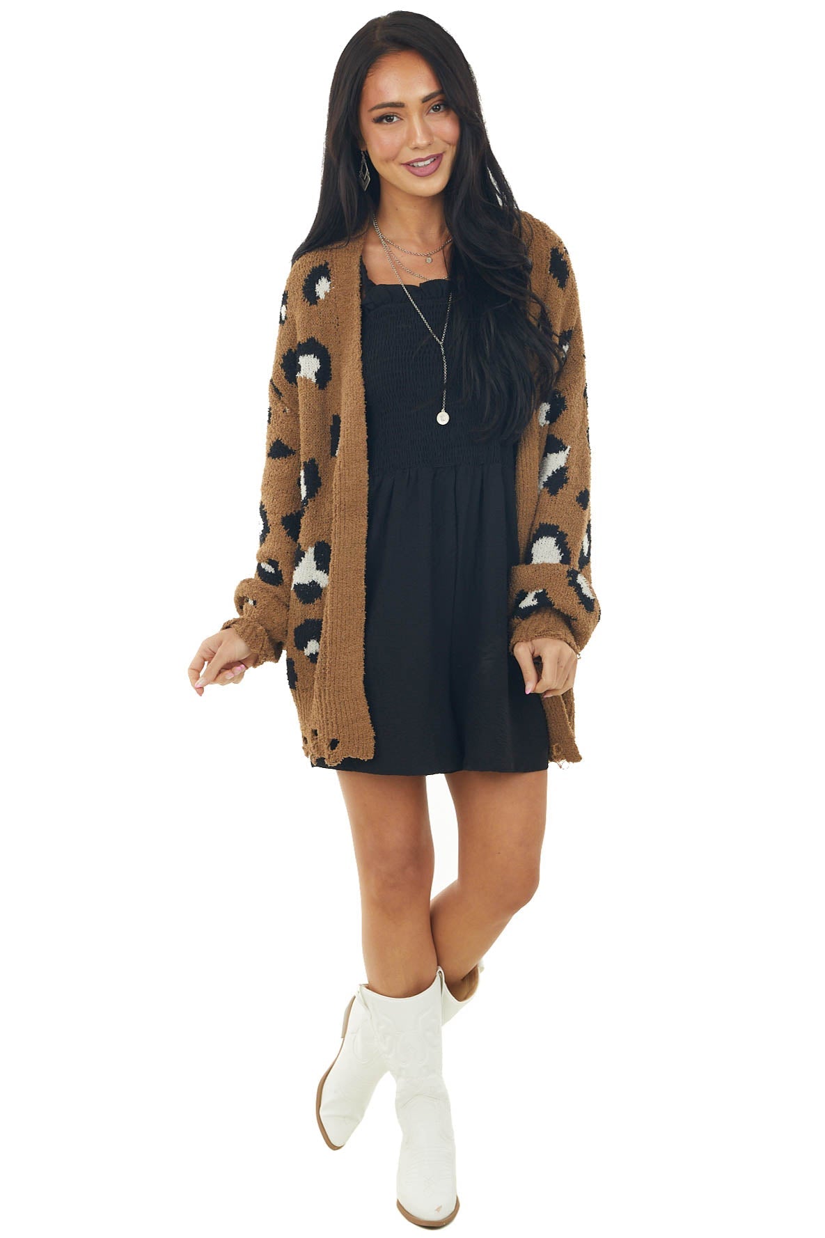 Rich Sepia Leopard Print Frayed Trim Cardigan