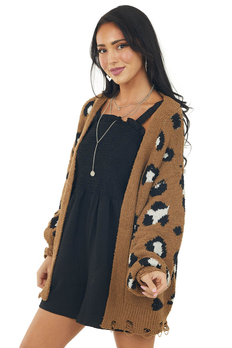 Rich Sepia Leopard Print Frayed Trim Cardigan