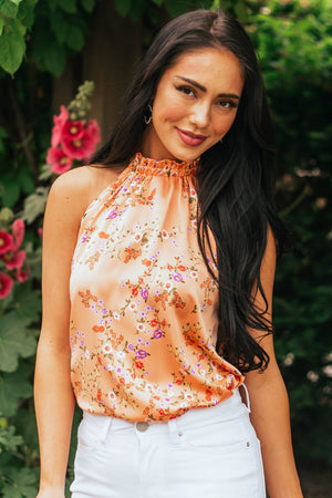 Rich Melon Floral Print Halter Neck Satin Blouse