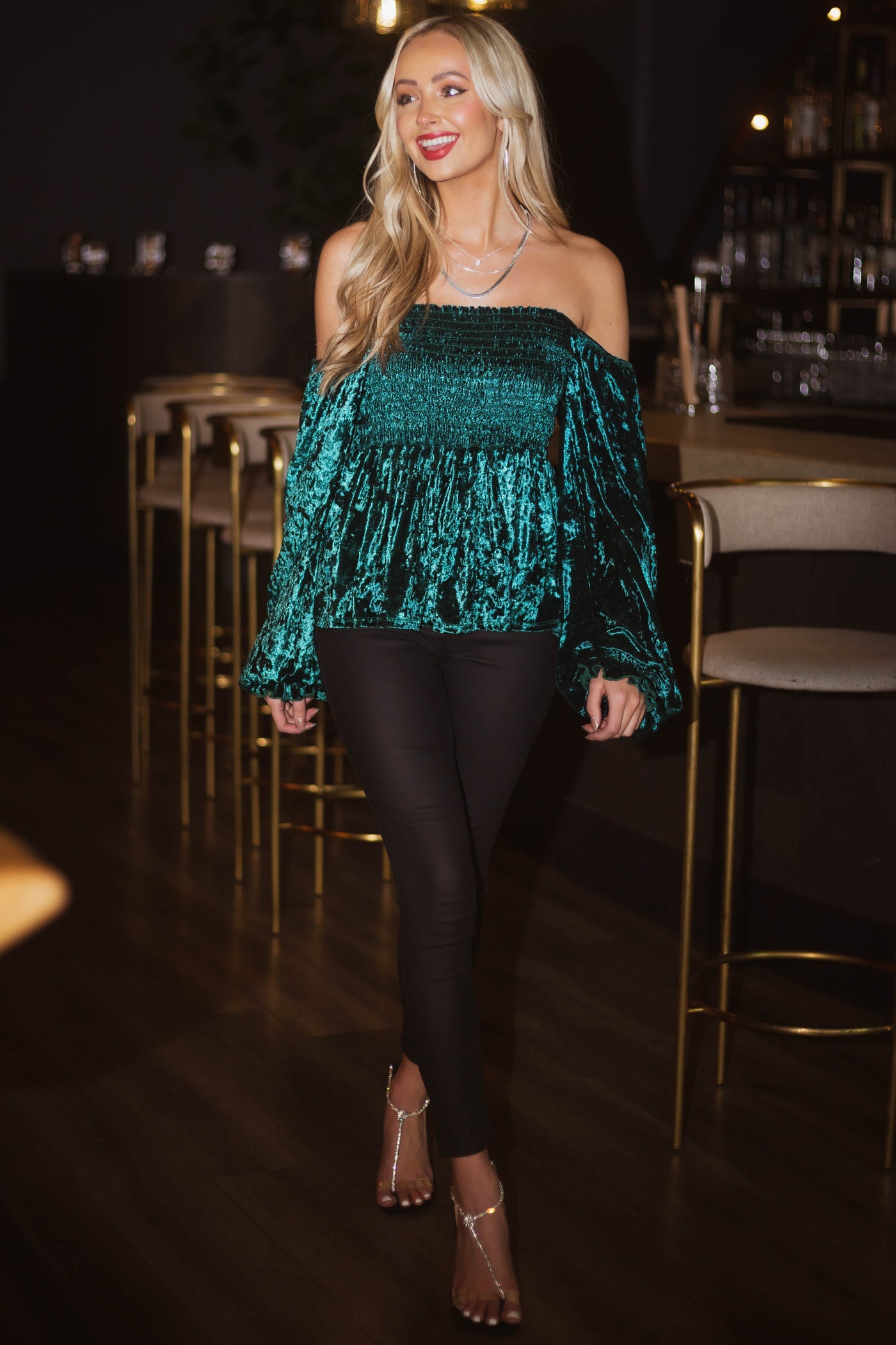 Rich Pine Smocked Bodice Long Sleeve Velvet Top