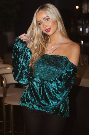 Rich Pine Smocked Bodice Long Sleeve Velvet Top