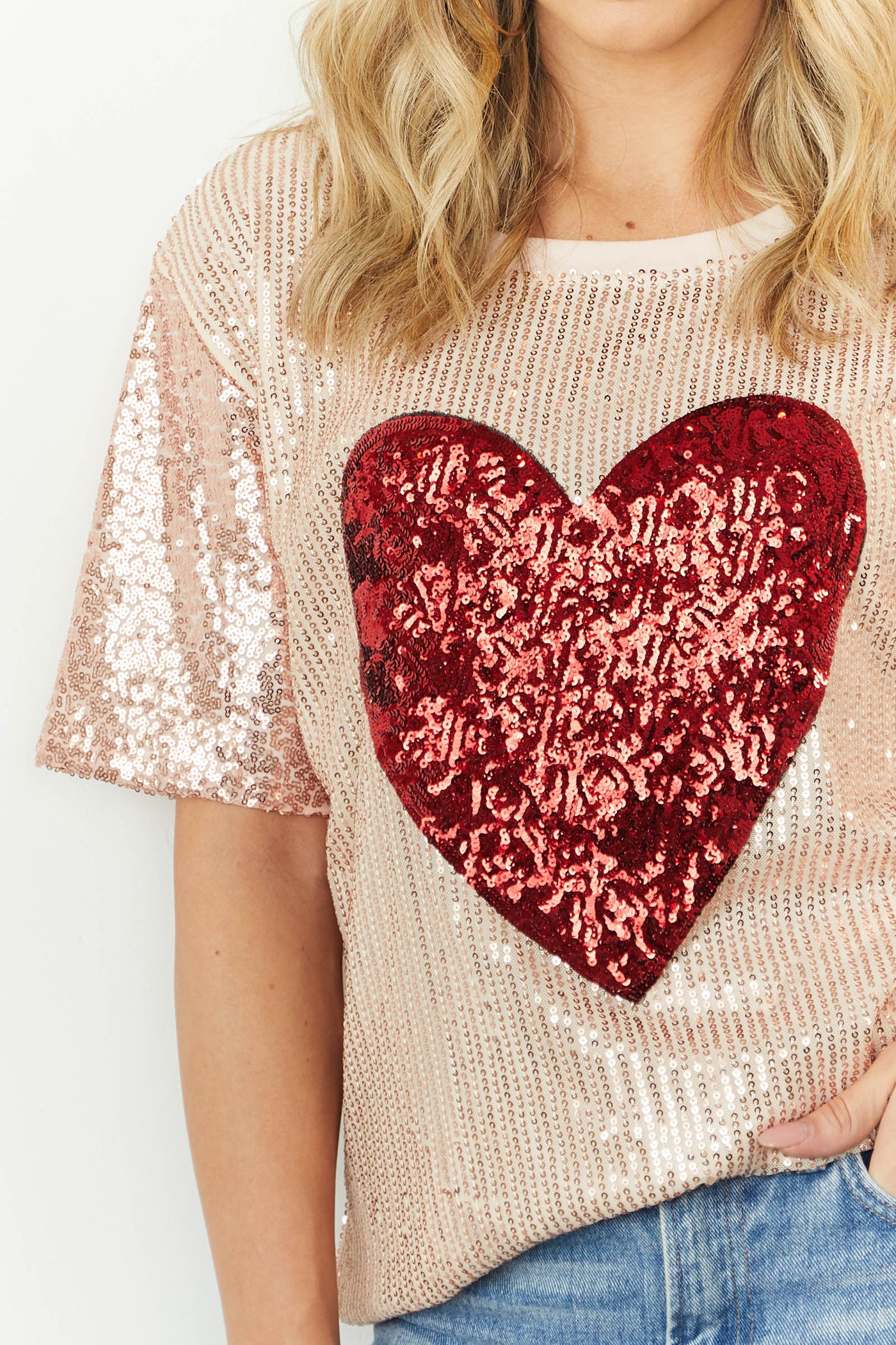 Rose Gold Sequined Heart Short Sleeve Top