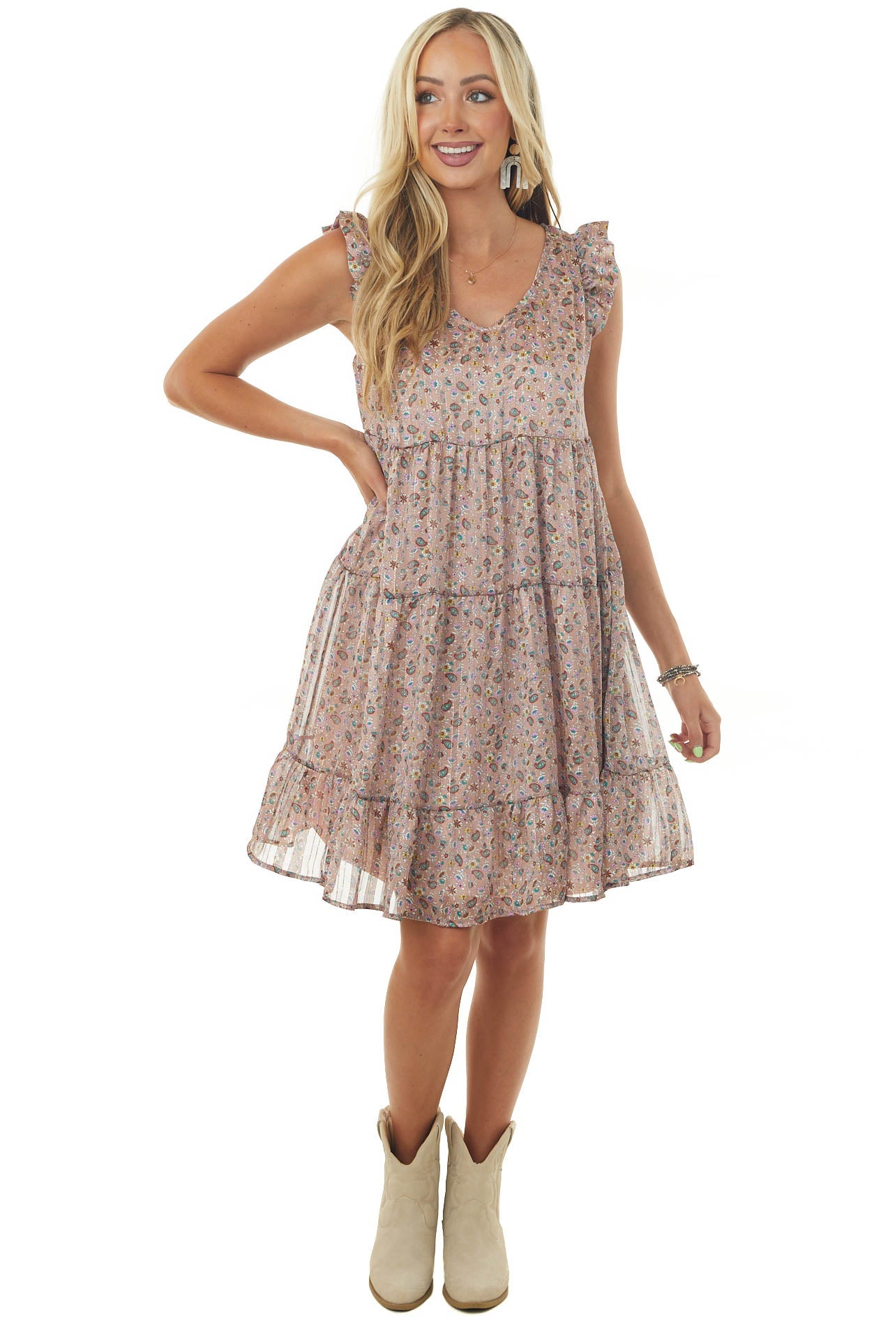 Rose Taupe Floral Paisley Print Short Dress