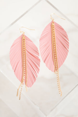Rose Leather Feather Earrings with Gold chains