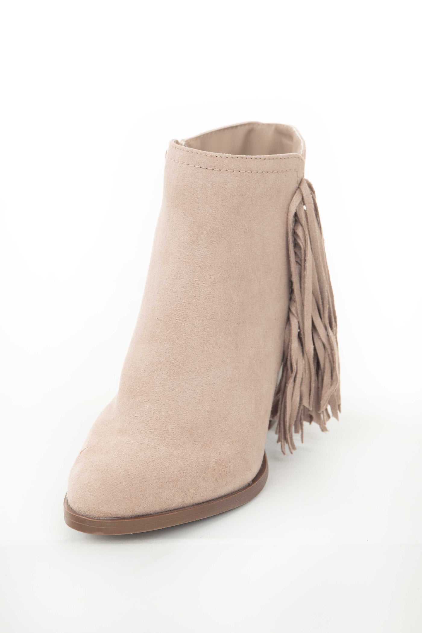 Rose Taupe Chunky Heel Faux Suede Booties with Tassels