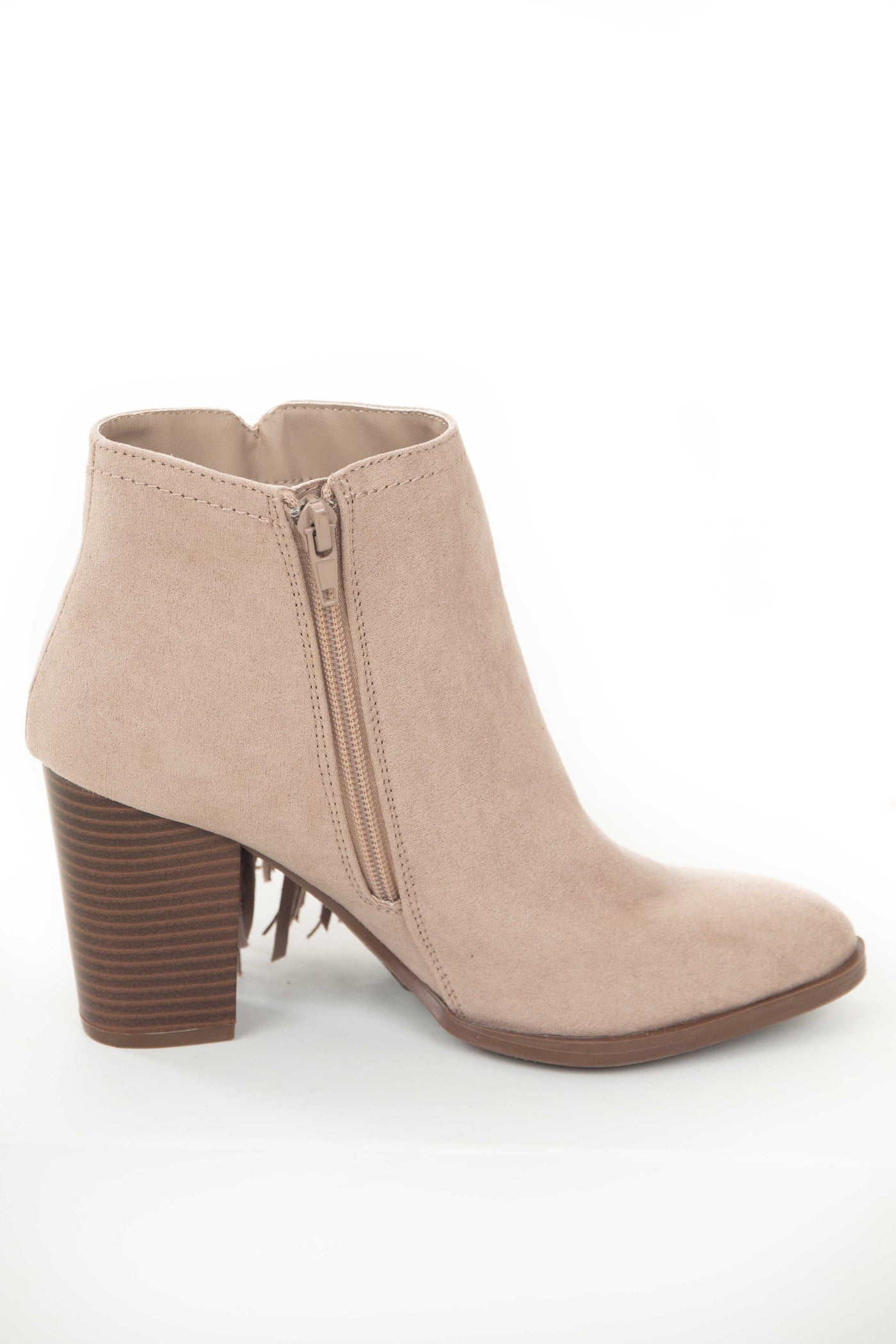 Rose Taupe Chunky Heel Faux Suede Booties with Tassels