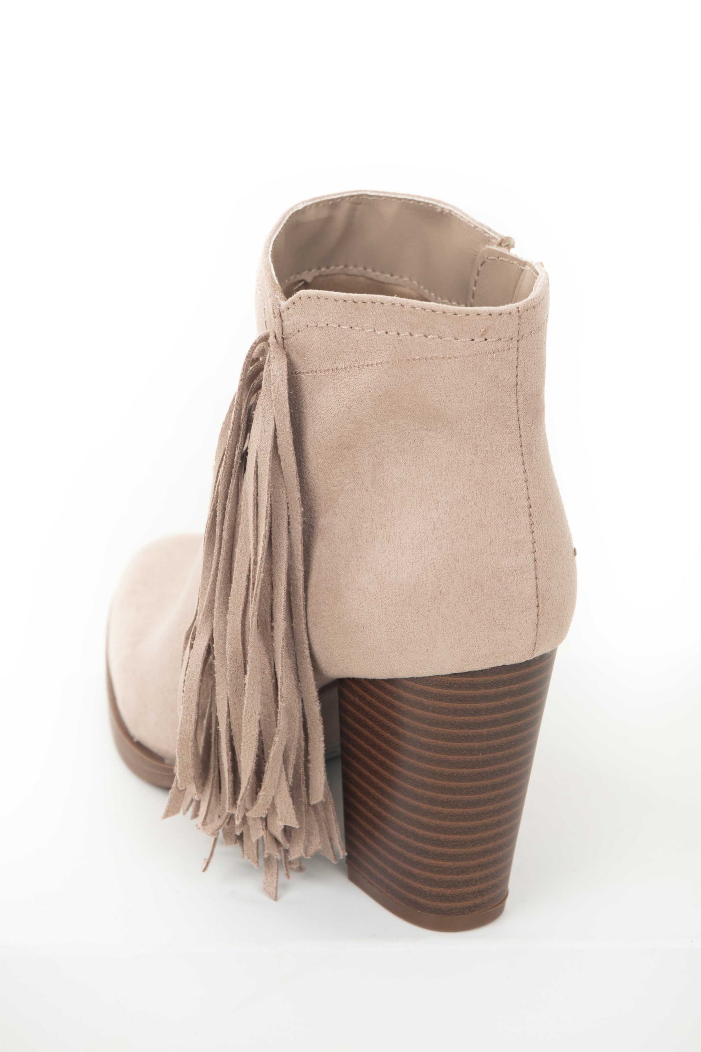 Rose Taupe Chunky Heel Faux Suede Booties with Tassels