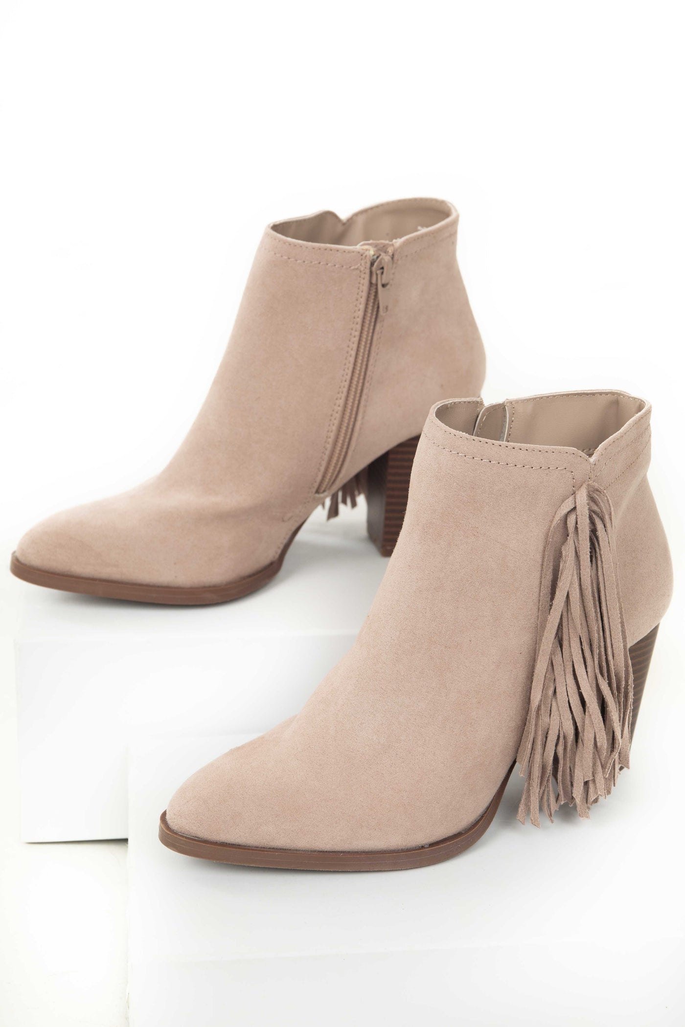 Rose Taupe Chunky Heel Faux Suede Booties with Tassels