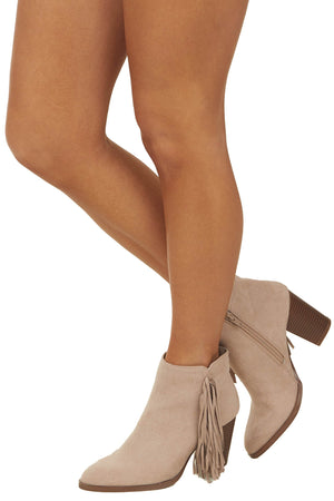 Rose Taupe Chunky Heel Faux Suede Booties with Tassels
