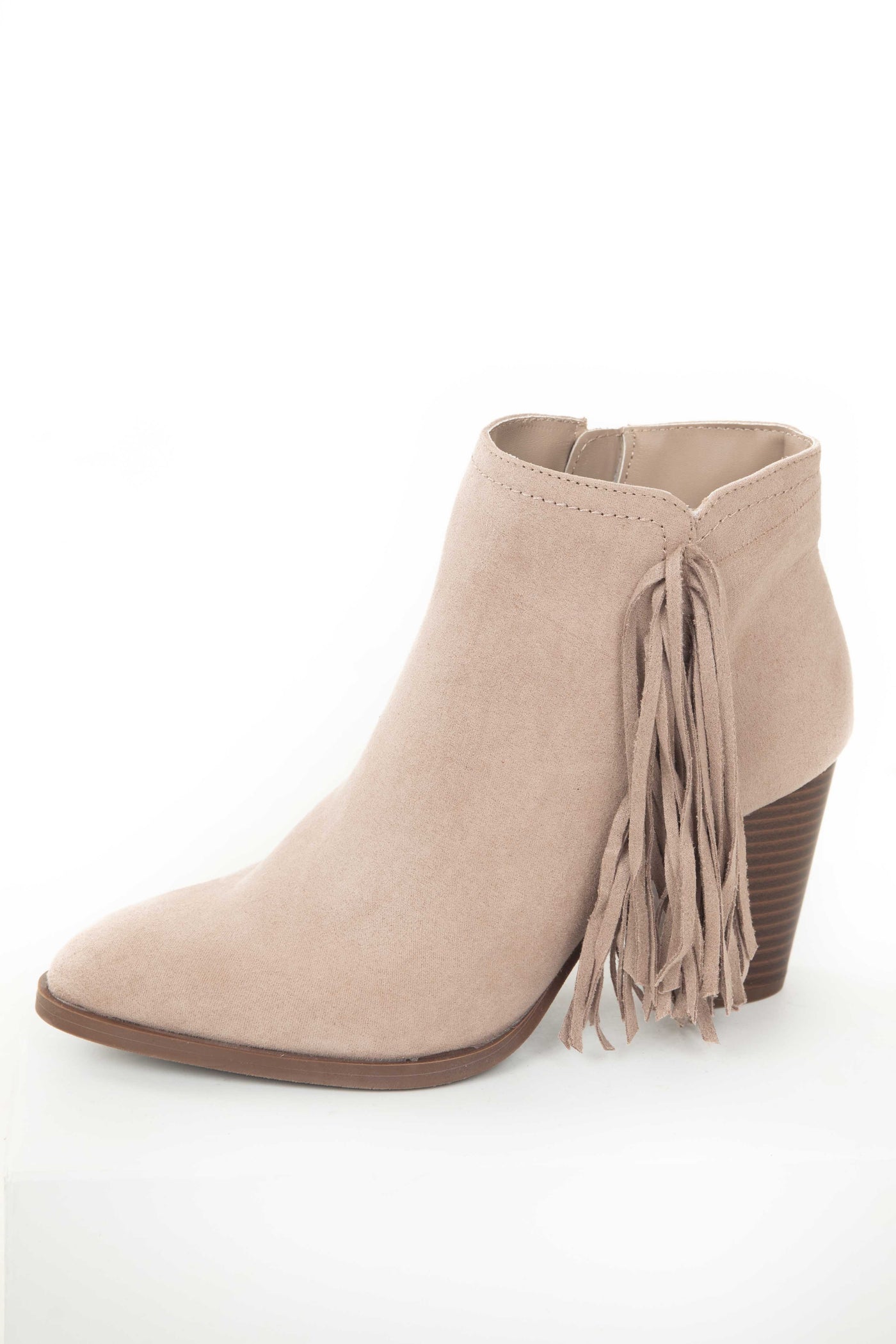 Rose Taupe Chunky Heel Faux Suede Booties with Tassels