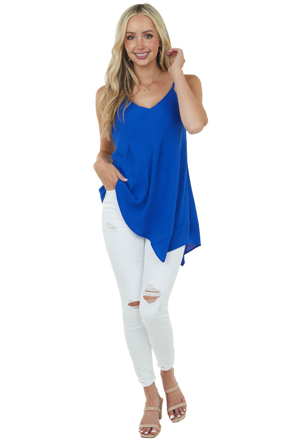 Royal Blue Asymmetrical Hem Ribbed Cami Blouse