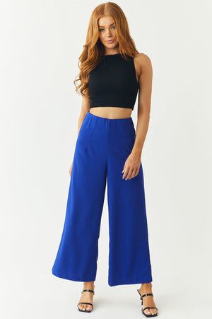 Royal Blue Elastic Waist Wide Leg Cropped Pants
