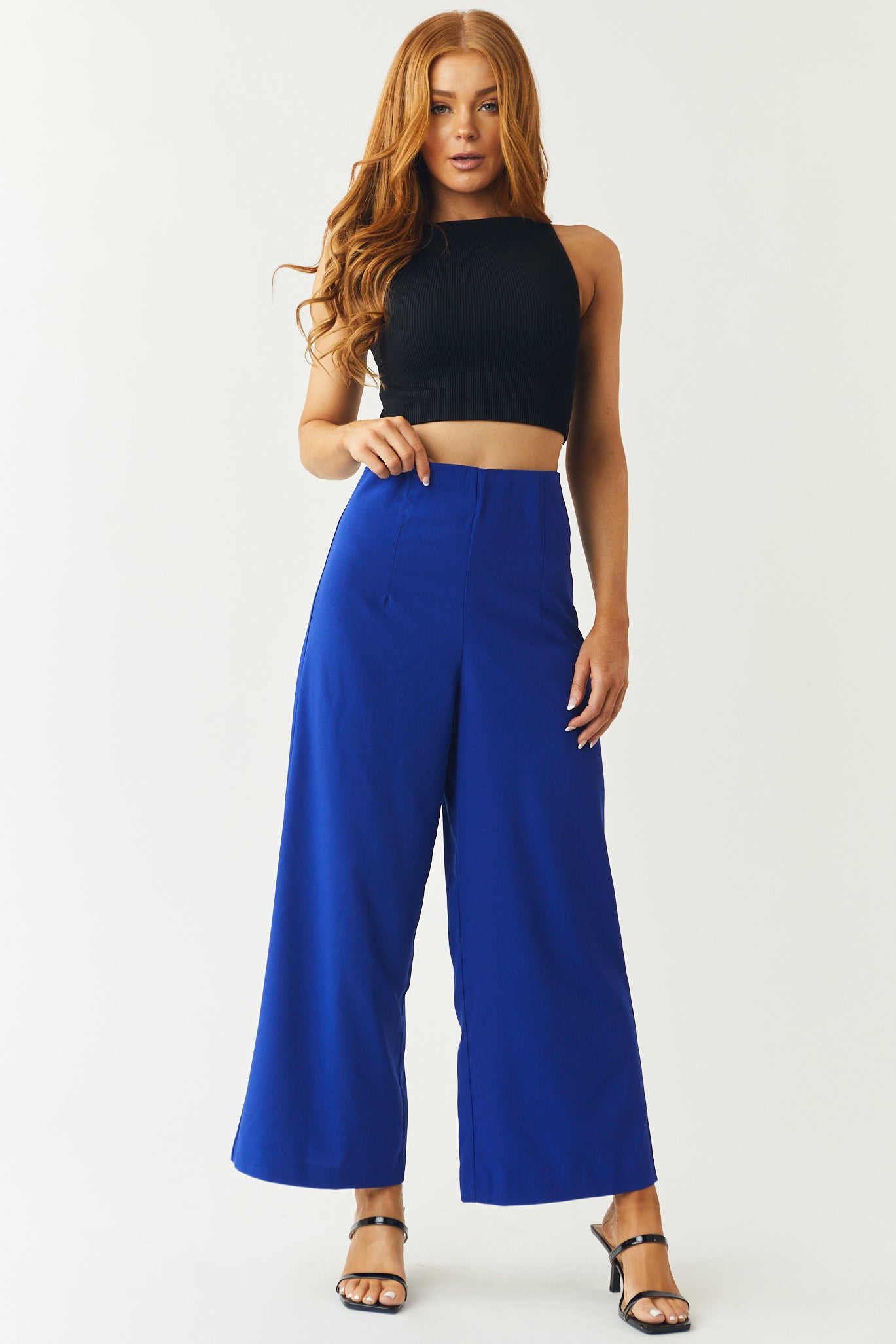 Royal Blue Elastic Waist Wide Leg Cropped Pants