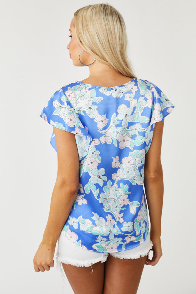 Royal Blue Floral Print Silky Woven Top