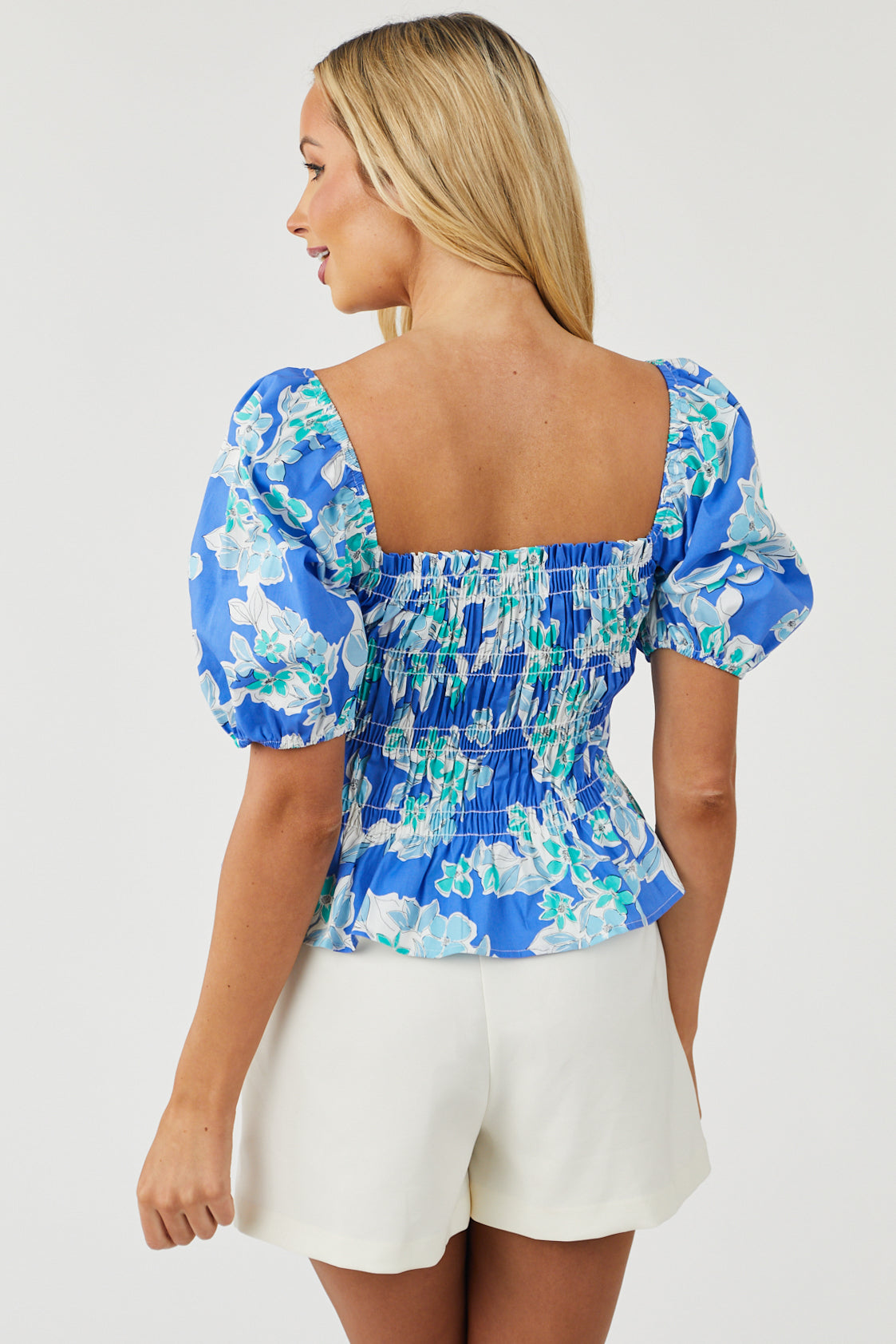 Royal Blue Floral Print Smocked Woven Blouse