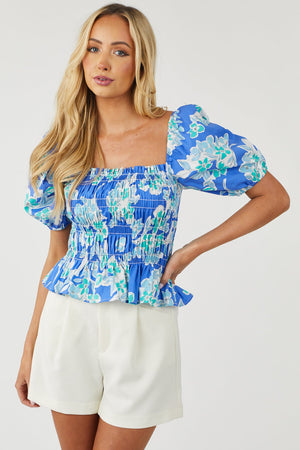 Royal Blue Floral Print Smocked Woven Blouse