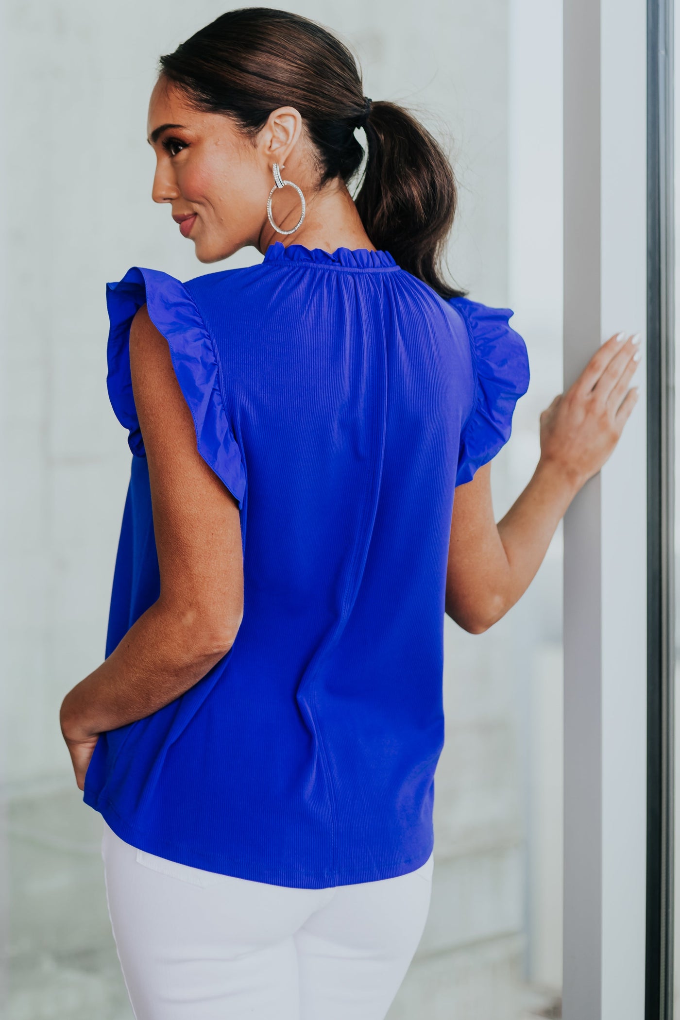 Royal Blue Frill Trim Contrast Ribbed Knit Top