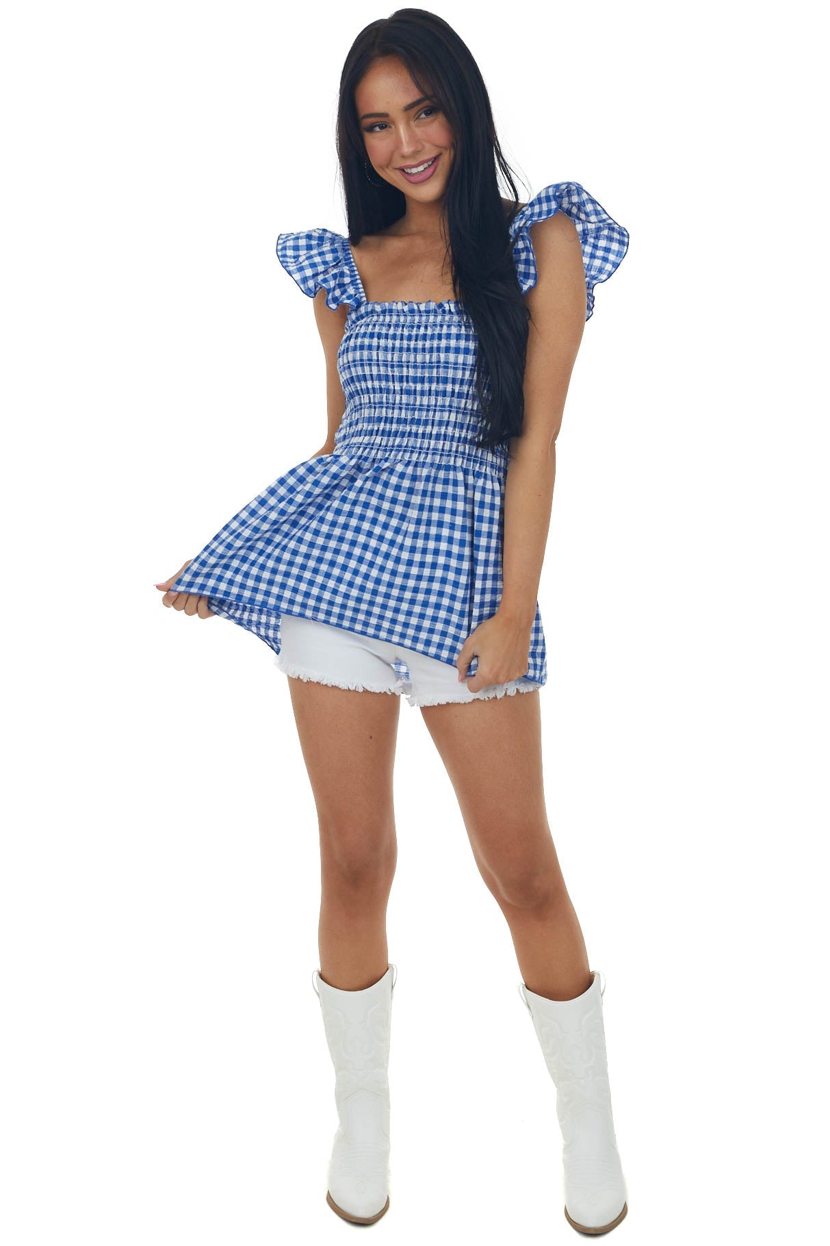 Royal Blue Gingham Sleeveless Smocked Blouse