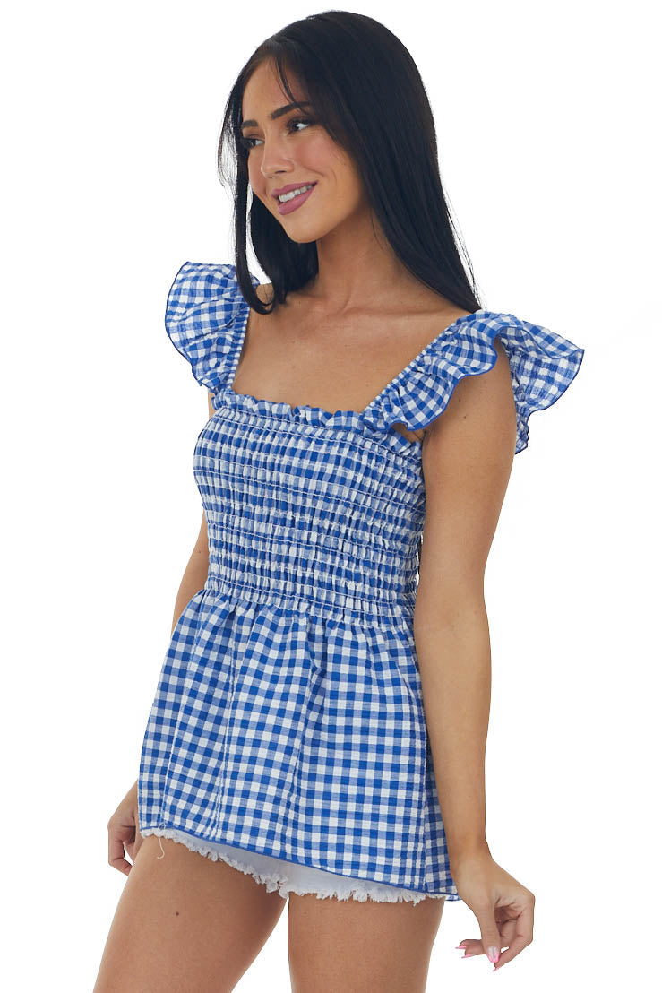 Royal Blue Gingham Sleeveless Smocked Blouse