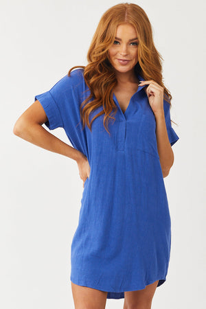 Royal Blue Half Sleeve Collared Shirt Dress