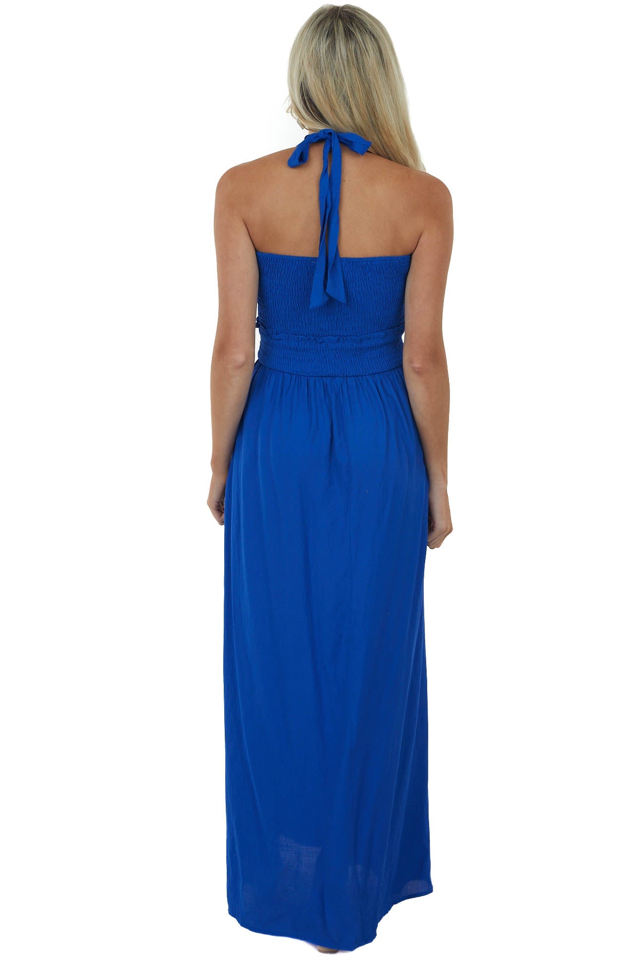 Royal Blue Halter Tie Smocked Woven Maxi Dress
