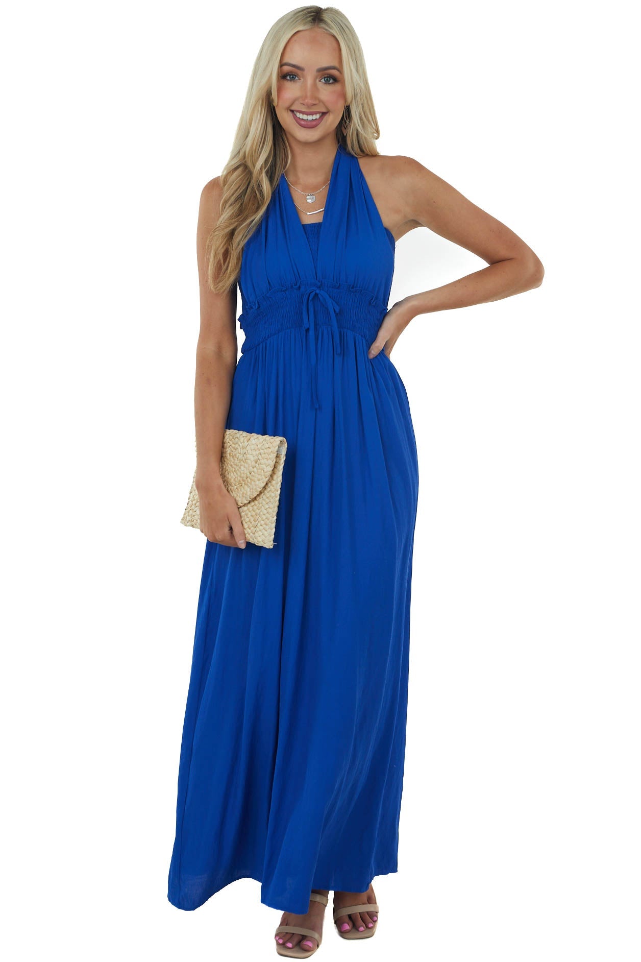 Royal Blue Halter Tie Smocked Woven Maxi Dress
