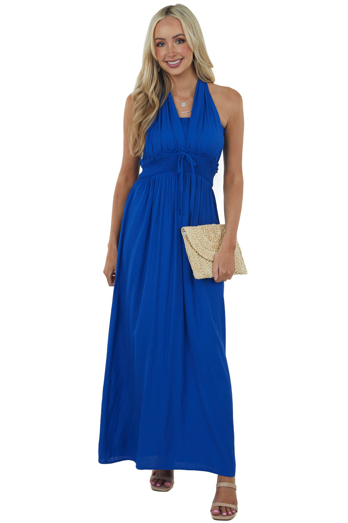 Royal Blue Halter Tie Smocked Woven Maxi Dress