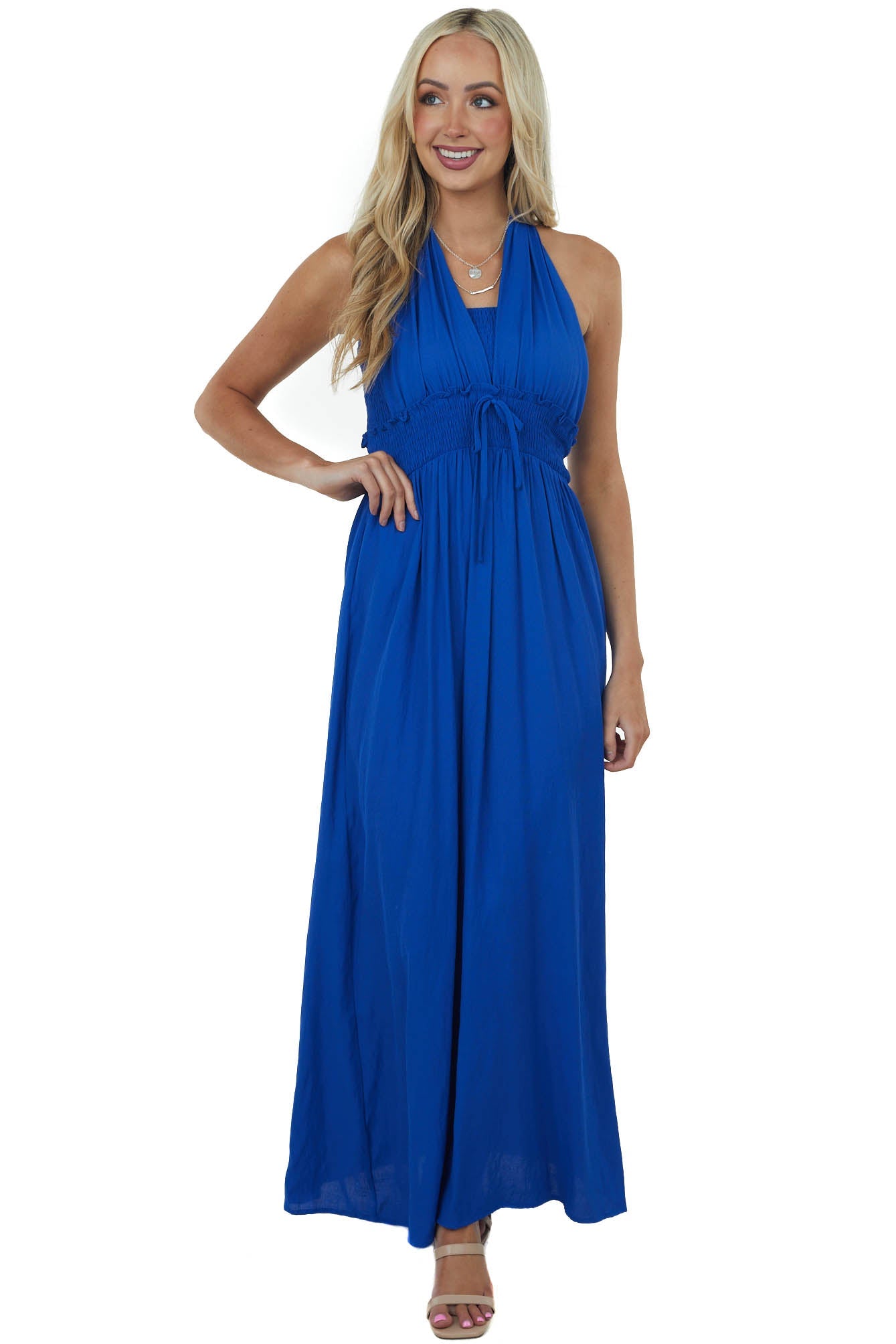 Royal Blue Halter Tie Smocked Woven Maxi Dress