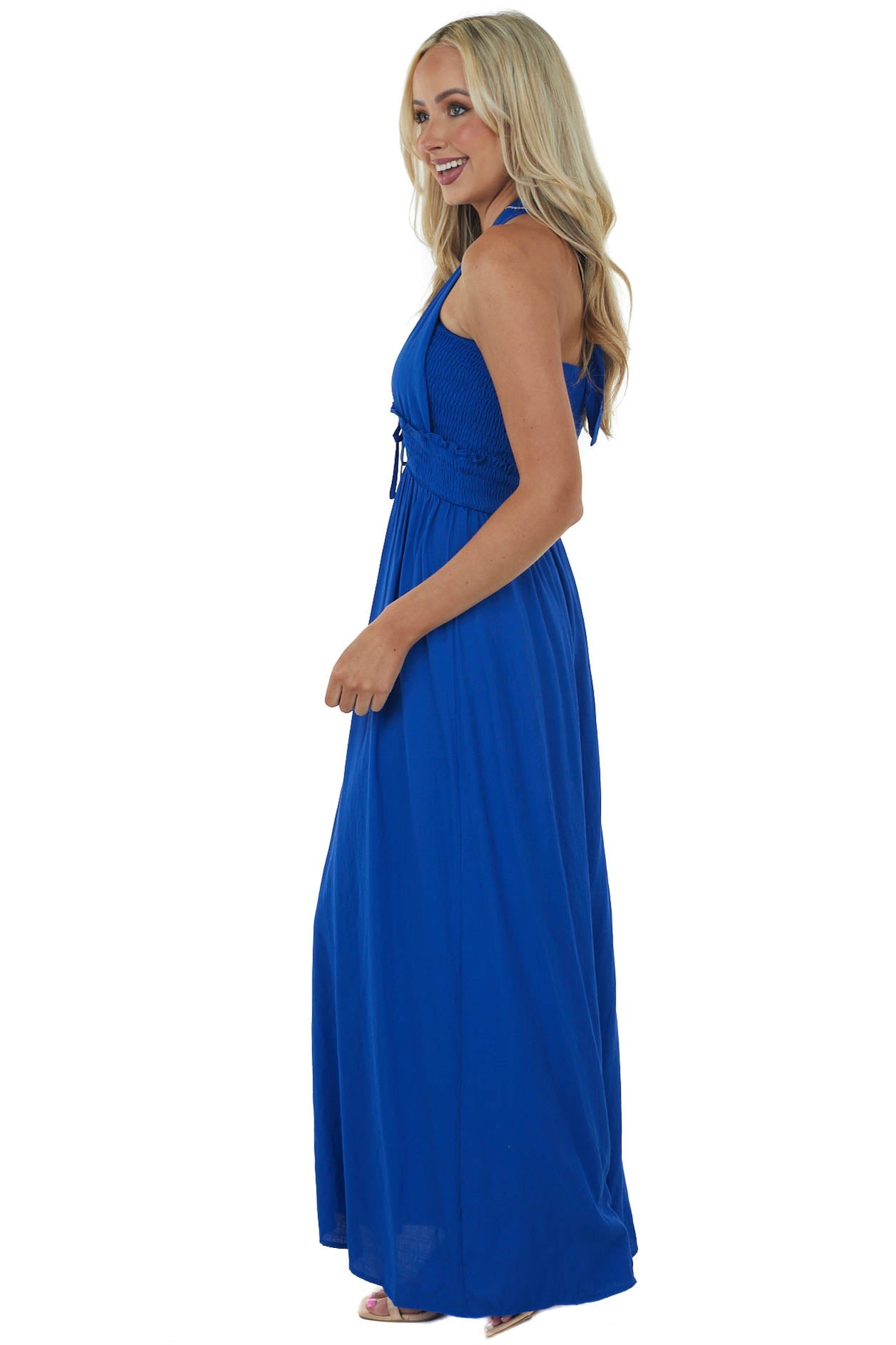 Royal Blue Halter Tie Smocked Woven Maxi Dress
