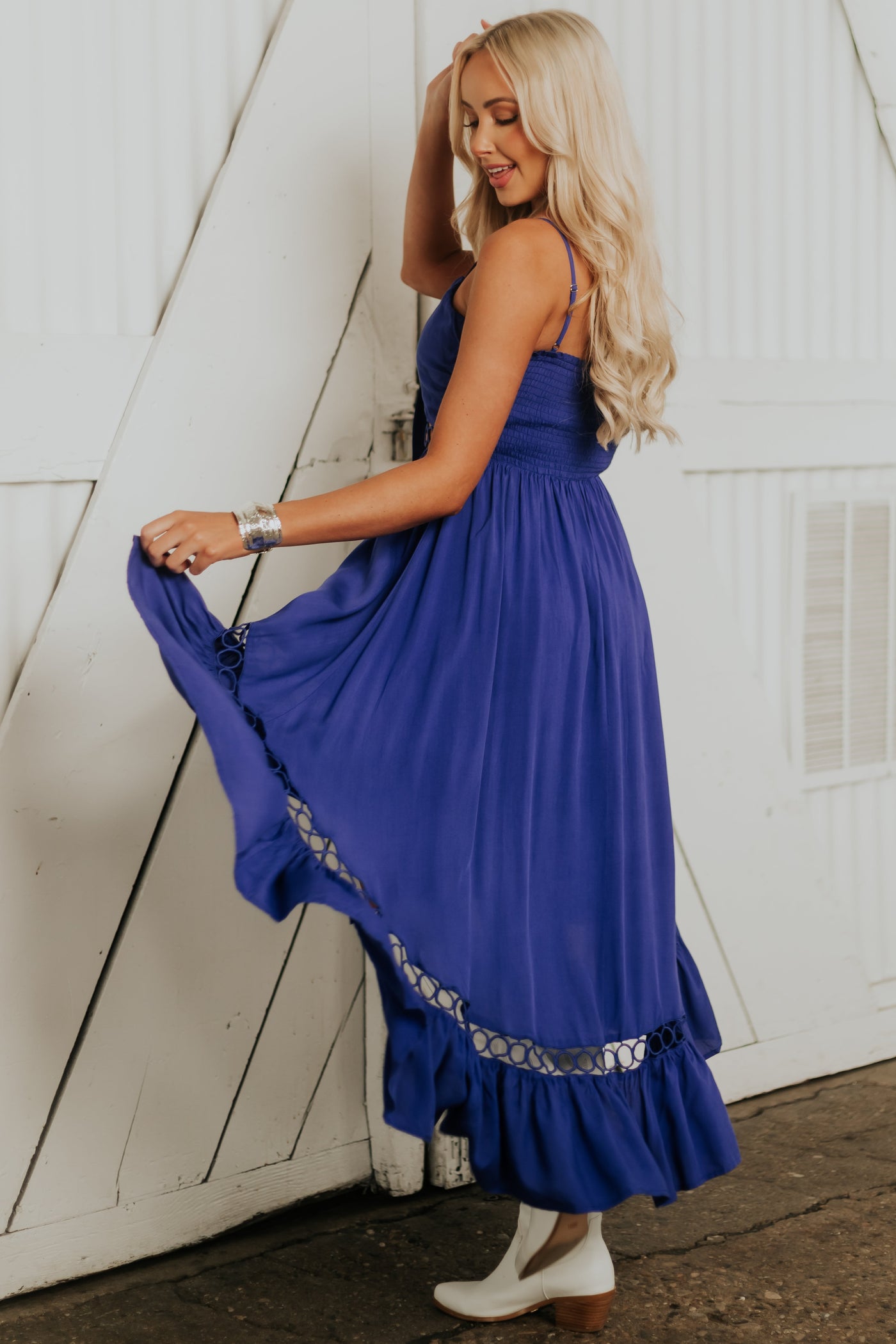 Royal Blue High Low Midi Dress with Tie and Peekaboo Details