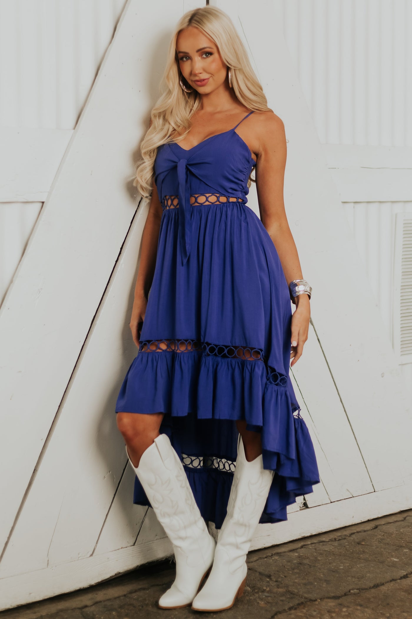 Royal Blue High Low Midi Dress with Tie and Peekaboo Details