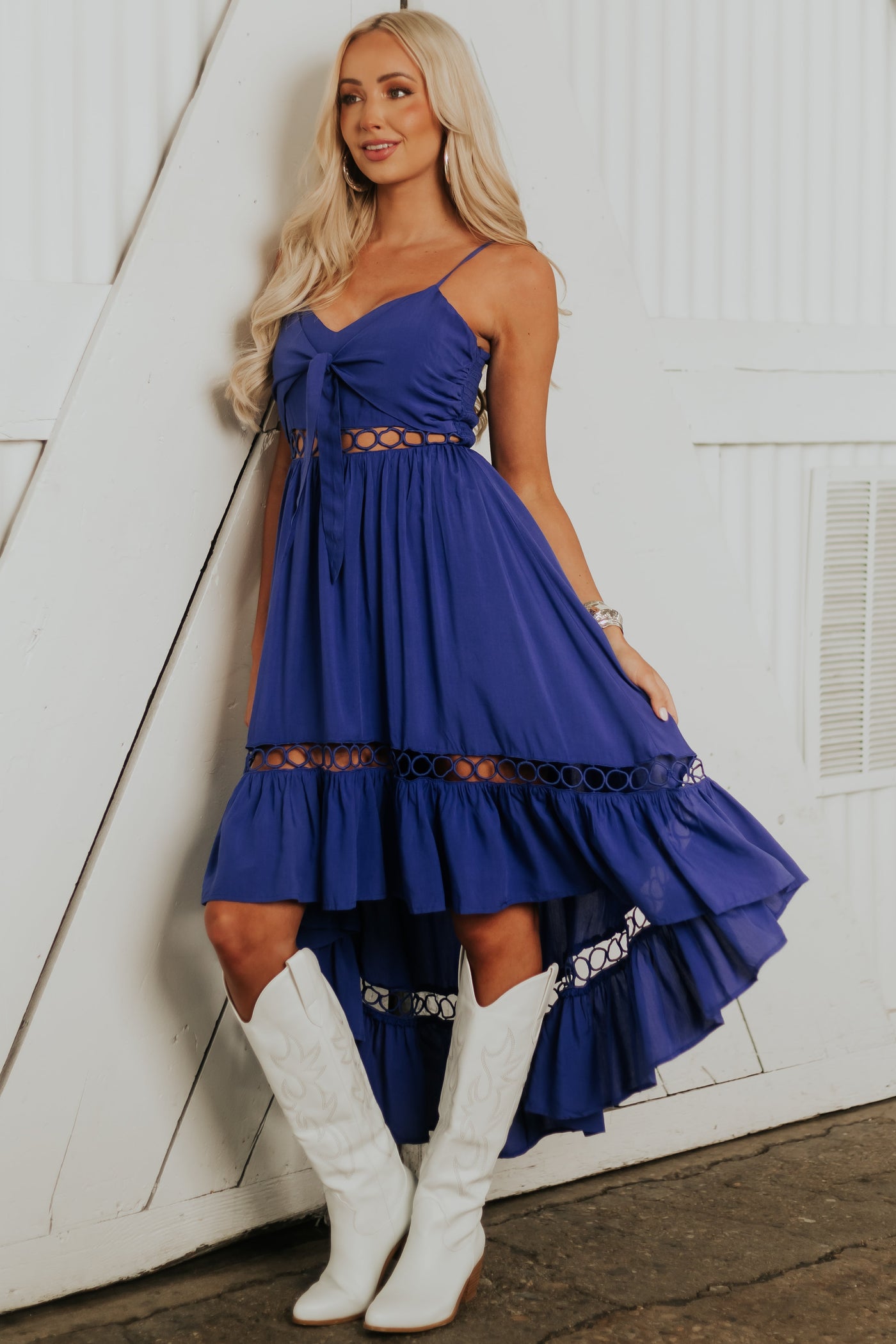 Royal Blue High Low Midi Dress with Tie and Peekaboo Details