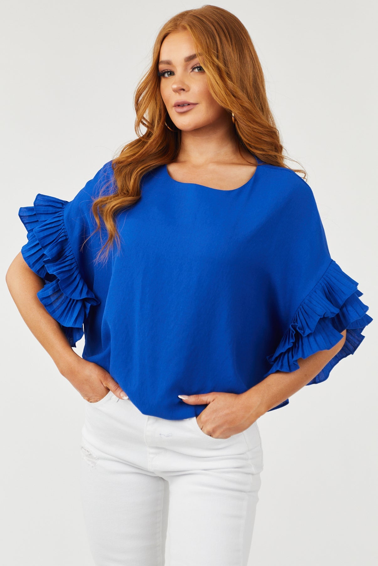 Royal Blue Layered Ruffle Sleeve Woven Top