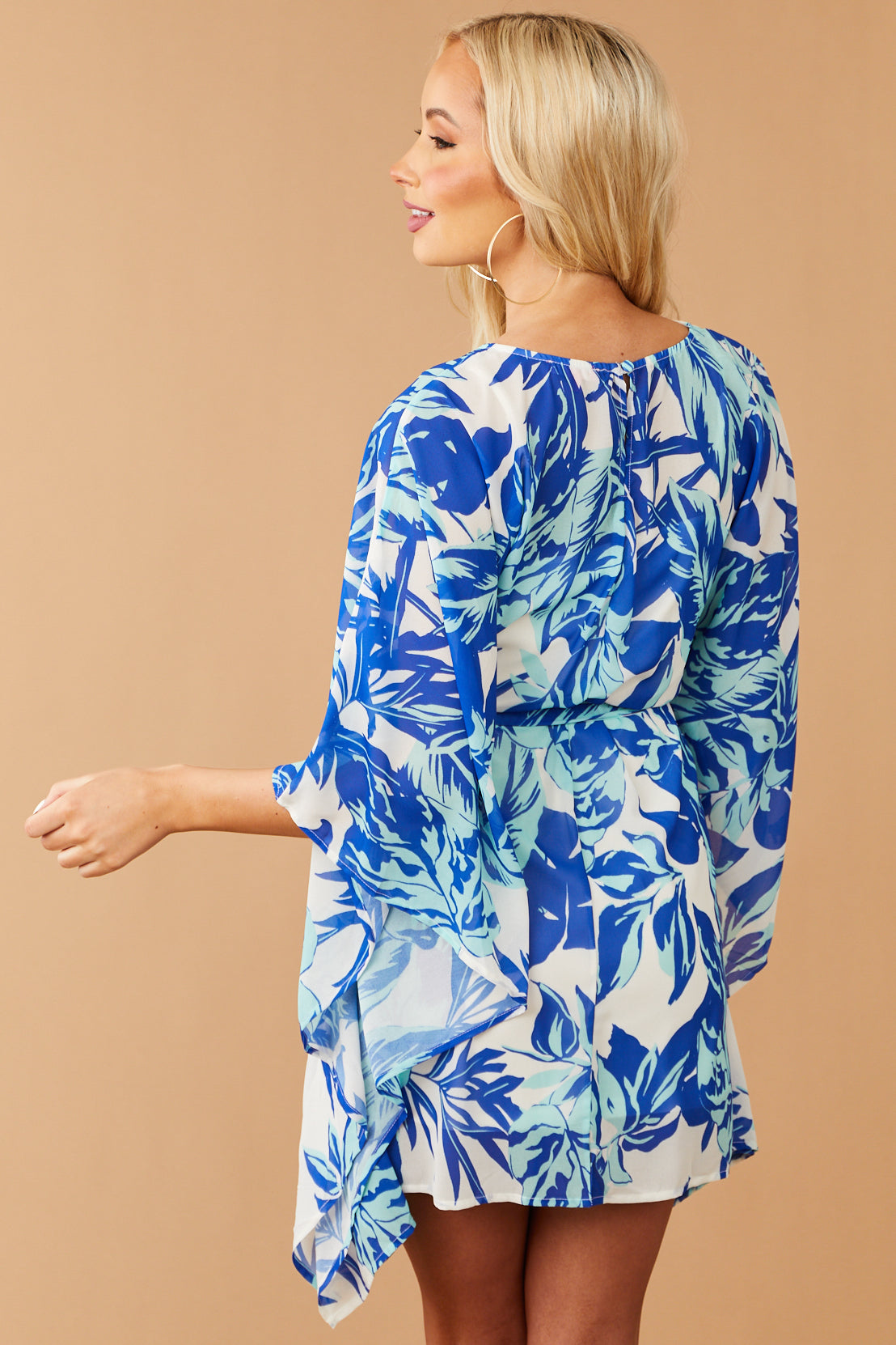 Royal Blue Leaf Print Kimono Sleeve Mini Dress