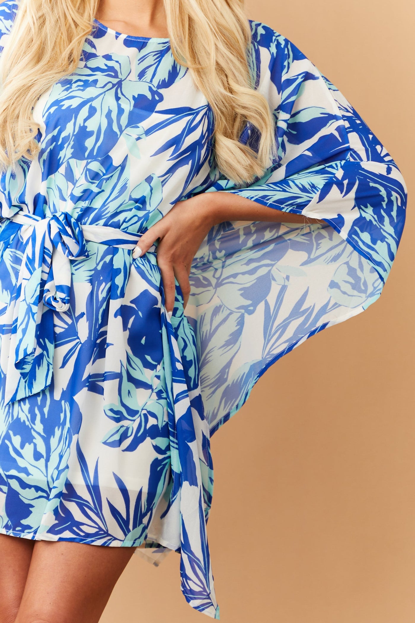 Royal Blue Leaf Print Kimono Sleeve Mini Dress